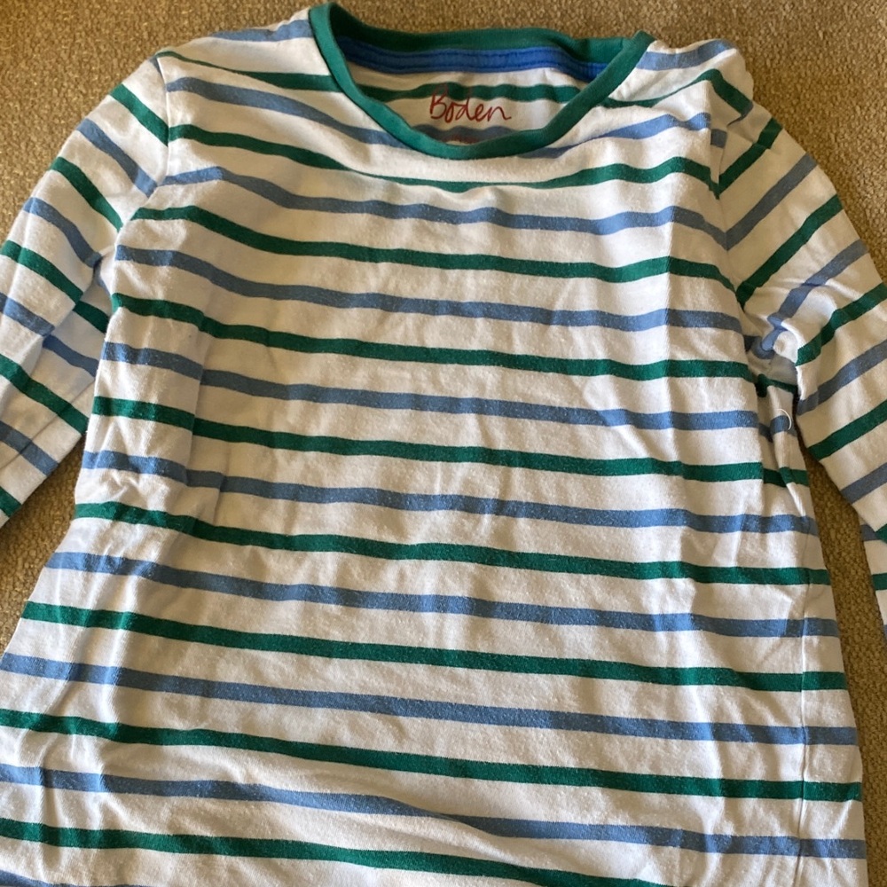 Boden Kids Green and White Striped Long Sleeve Tee